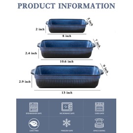 Kanwone Ceramic Baking Dishes, Rectangular Lasagna Pans, Casserole Dishes, Bakeware Set for Cooking, Kitchen, Cake Dinner, 9 x 13 Inches, Stripe Series - Reactive Glazed (Bright Blue)