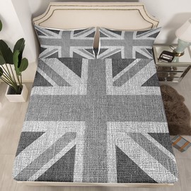 Loussiesd United Kingdom Flag Bed Sheet Set Union Jack Bedding Set Grey UK Flag Fitted Sheet For Kids Adults Geometric No Flat Sheet Ultra Soft Single Size