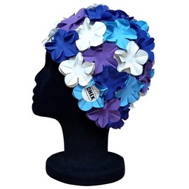 CHEX Anzio Thermal Rubber Floral Ladies Classic Retro 3D Flower Petal 4 Colour Stunning Vintage Art Deco Look Swimming Hat Swim Cap Generous One Size Adults (Purple/White/Navy/Sky)