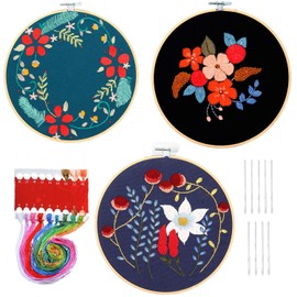 HaiMay 3 Sets Embroidery Starter Kit with Pattern and Instructions, Cross Stitch Kit Include 3 Embroidery Clothes with Floral Pattern, 3 Bamboo Embroidery Hoops, Color Threads and Tools
