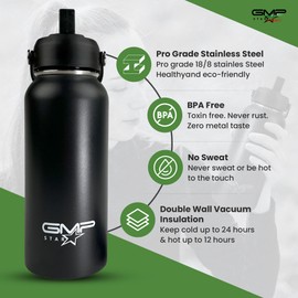 GMP star 18-8 Stainless Steel-Double-Wall Vacuum Insulation Water Bottle for Hot and Cold Drinks with Straw,1 Litre,Black,UK Company
