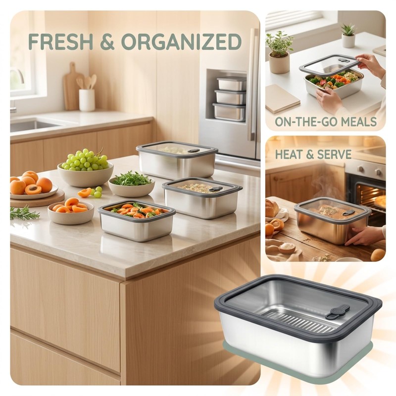 3 Pcs Stainless Steel Food Storage Containers with Glass Lids,
