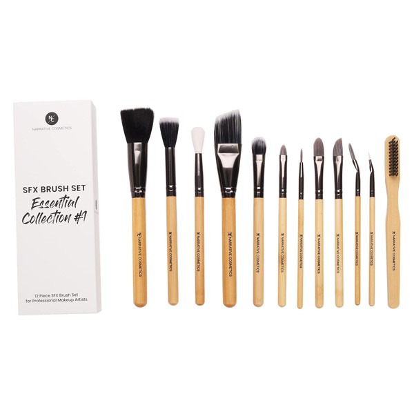 Narrative Cosmetics SFX Brush Set, Essential Collection #1, 12 Makeup Brushes with Synthetic Bristles & Natural Bamboo Handles