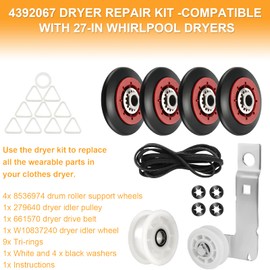 [Newest] 4392067 Dryer Repair Kit and W10837240 Dryer Idler Pulley for Maytag Bravos Whirlpool Duet Kenmore Elite Dryers,with WPW10314173 Drum Roller&661570V Belt&279640 Idler Pulley by TOMOON