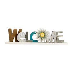 Wooden Daisy Flower Cutout Welcome Letters Sign Countertop Décor Kitchen Fireplace Mantel Centerpiece Decoration Free Standing Rustic Wood Cutout Letters Accents Table Top Shelf Decor