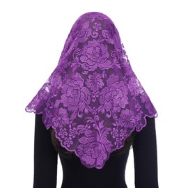 Bozidol Church Catholic Veils for Women, Triangle Purple Floral Embroidered Lace Mantilla Chapel Veil, Lent Advent Latin Mass Prayer Head Coverings with Clips