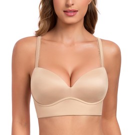 Lemorosy Women's Push Up Wireless Padded Pullover Lace Plunge Multiway Comfortable T-Shirt Longline Bra (32D, Nude)