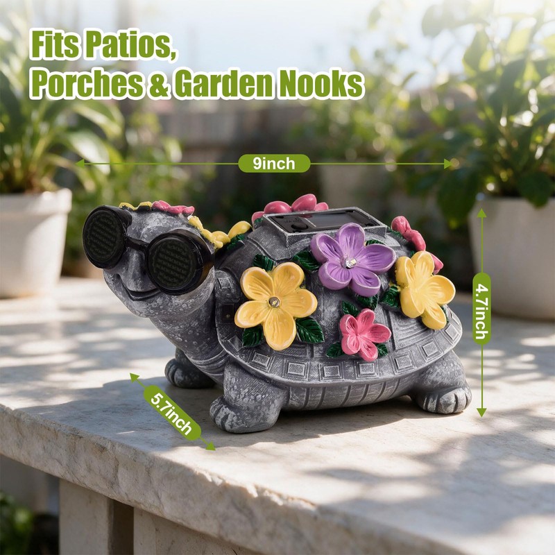 Solar Garden Outdoor Turtle Statue with Sunglasses and Flower LED
