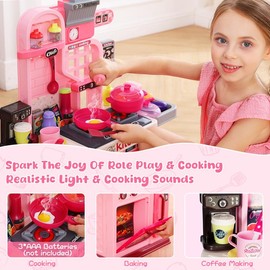 53Pcs Kids Kitchen Toy Set, 27.1 Inch Pink Toy Kitchen with Sound and Light, Kitchen Set for Kids 3+, Stove, Toy Sink and Kitchen Accessories, Best Holiday Birthday Gift for Kids