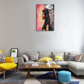 Native American Canvas Wall Art - American Indian Girl Women Headdress Feathered Art Canvas Prints for Wall Decor, Large Framed Artwork for Living Room Bedroom Ready to Hang (12W x18H)