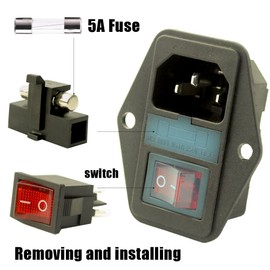 Artrinck Rated 10A 250V AC Power Socket Rocker Switch 3 Pin IEC320 C14 Inlet Module Plug Fuse (Includes:2 pcs 5A Fuse+8pcs Female Terminal+8pcs Transparent Sheath) (5A Fuse)