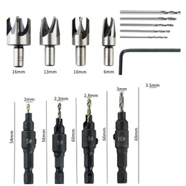 15 PCS Countersink Drill Bit Set, Woodworking Chamfered Set,1/4 Inch Hex Shank,HSS Twist Drill Dits,Wood Plug Cutter, Punch Tool for Wood Drilling,Plastic,Soft Metal