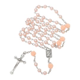 KIMUWHI Pink Catholic Rosary Necklace for Women, Simulated Pearl Prayer Beads with Rose Accents, Silver Crucifix & Our Lady of Lourdes Medal, Religious Gift for Her