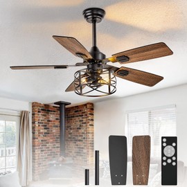 Depuley 42-Inch Ceiling Fans with Lights: Caged Ceiling Fans Dual Finish 5 Blades - Rustic Ceiling Fan with Remote Control for Farmhouse Living Room Outdoor Porch (E26 Bulb Included)