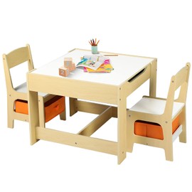 Kinder King Kids Wood Table & 2 Chairs Set, 3 in 1 Children Activity Table w/Storage, Removable Tabletop, Blackboard, 3-Piece Toddler Furniture Set for Art, Drawing, Reading, Playroom, Natural