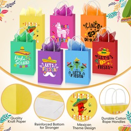 Eersida 21 Pcs Mexican Party Favor Bags with Handles, Cinco de Mayo Paper Goodie Bags with Tissue Fiesta Treat Candy Goodie Gift Bags for Baby Shower Mexican Theme Party Birthday Decorations