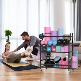 Apoaa Dumbbell Rack, 3 Tier Metal Weight Rack, High Volume Home Gym Equipment Storage for Kettlebells, Yoga Mat, Foam Roller, etc, Multifunctional Storage Rack with Wheels and Hooks