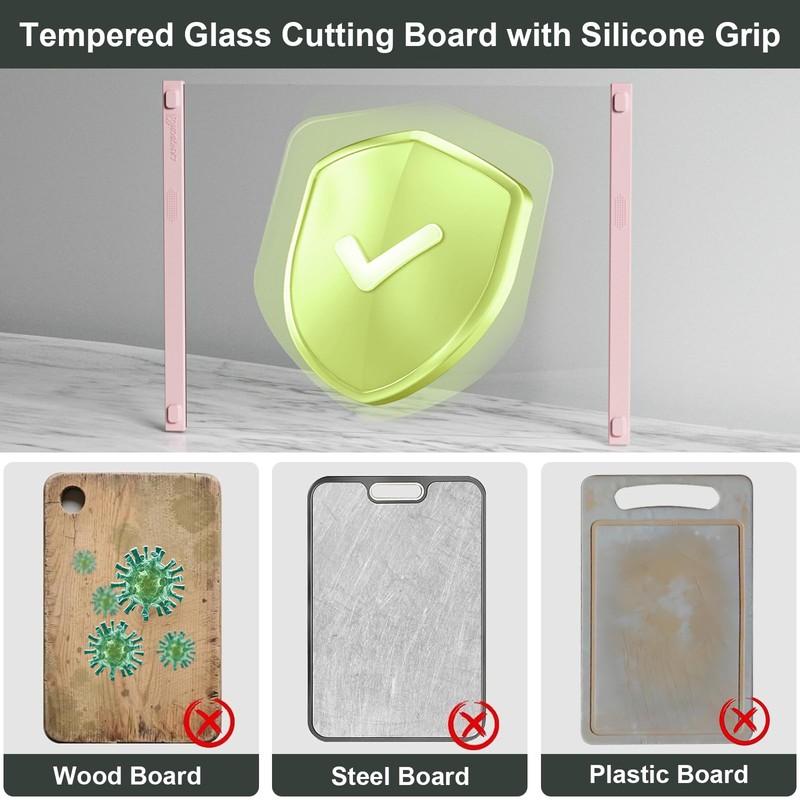 2PCS Glass Cutting Board with Silicone Grip, 80% Stronger Shatter