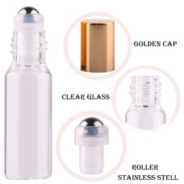 MaxMau Pack of 100,5ml Clear Glass Roll on Bottle Essential Oil Roller Bottles With Stainless Steel Roller Balls and golden painted lids for Daily Aromatherapy Sample Test travel
