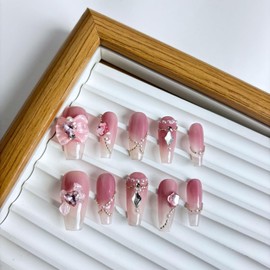Yabonica Pink Press On Nails Short Oval - 10Pcs Reusable Pre Designed Press On Nails- Luxury Glue On Nail with Cute Design,Acrylic Stick On Nails for Women Girls Gift (068, L)