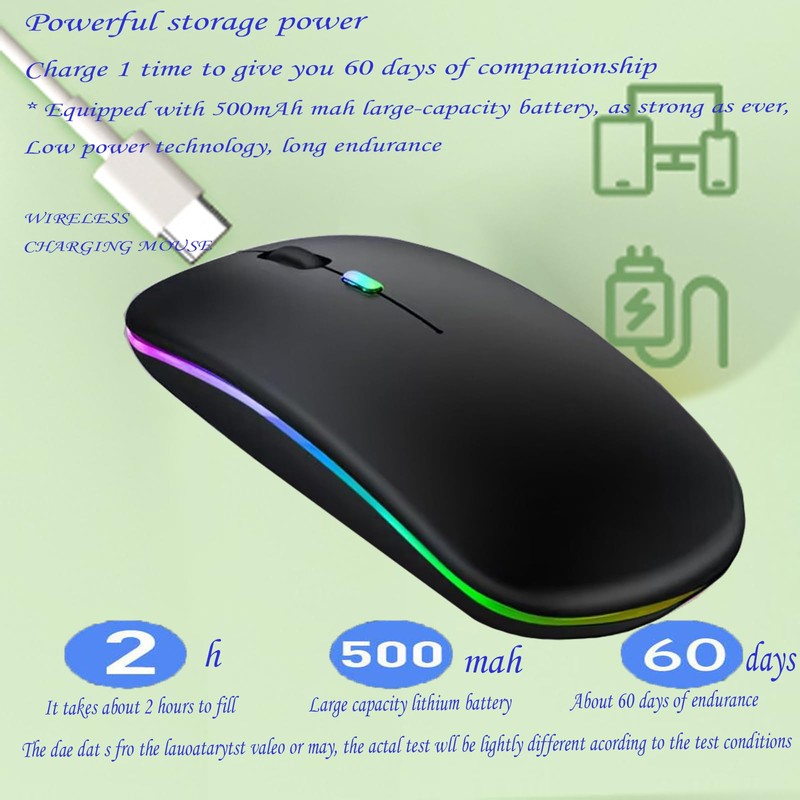 LED Wireless Mouse, Slim Silent Dual-Mode 2.4G+BT Rechargable 7-Color Mouse