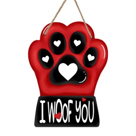 Bolisom Valentine Day Dog Paw Print Front Door Sign, I Woof You Red Love Heart Bone Wood Door Hanger Outdoor Outside Porch Decor, Anniversary Wedding Wooden Wreath Indoor Wall Hanging Decoration