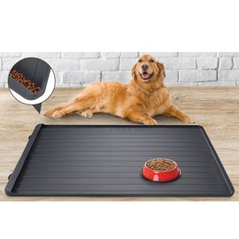 Dog Mat for Food and Water - 39.4" x 27" Large Pet Feeding Mats with Residue Collection Pocket - Waterproof Dog Cat Bowl Mat with High Edges to Prevent Water and Food Spills (Black)
