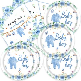 40Pcs Baby Boy Shower Decorations Blue and White Floral Plates and Napkins Set Party Supplies Serve 20 Gender Reveal Decorations