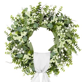 petalyn 18 Inch Green Eucalyptus Wreath for Front Door, Artificial Spring Boxwood Wreath with Big Berries and Sash for Farmhouse, Porch, Wall, Window, Wedding Indoor and Outdoor All Seasons