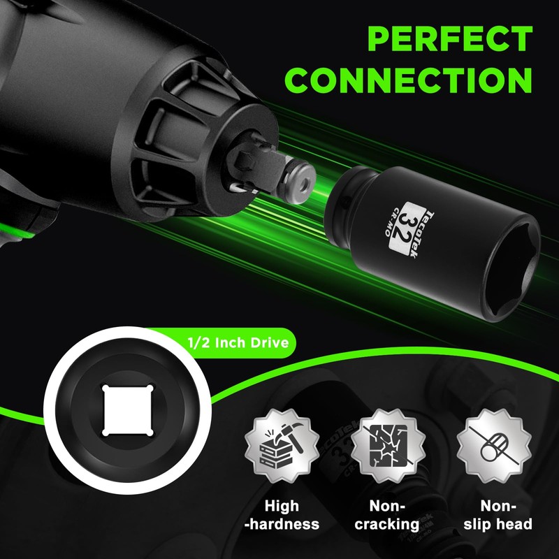 TecoTek 14PCS 1/2" Deep Drive Impact Socket Set, 6-Point, Metric