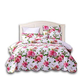 DaDa Bedding Romantic Roses Bedspread - Lovely Spring Pink & White Floral Scalloped Colorful Lightweight Breathable - Bright Vibrant Quilted Coverlet w/ Pillow Shams Set - Twin - 2-Pieces