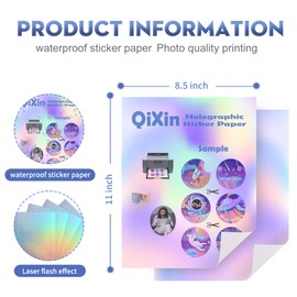 QiXin 22 Sheets Holographic Sticker Paper 8.5 x11 inch for Inkjet Printer & Laser Printer US letter size Holographic Printable Vinyl Rainbow Sticker Printer Paper Adhesive Waterproof Vinyl