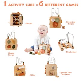 WOODEN TEETHER Montessori Motor Skills Cube Wooden Toy Montessori Toy from 1 Year 6 in 1 (Natural Wood Colour Activity Cube)