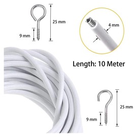 Net Curtain Wire with Hooks and Eye, 10 Meter Plastic Coated Curtain Wire with 25 Hooks and 25 Eyes