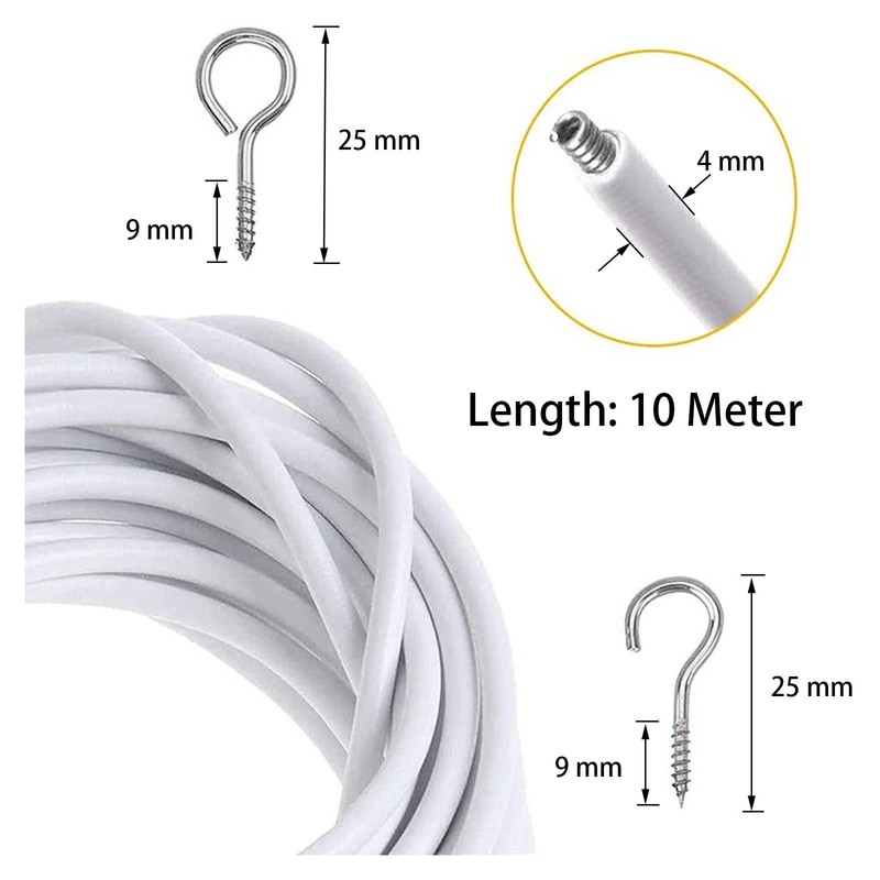 Net Curtain Wire with Hooks and Eye, 10 Meter Plastic