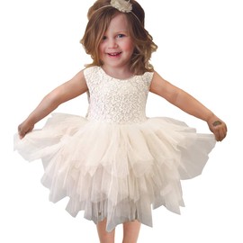 APRIL GIRL Flower Girl Dress, Lace Dress 3/4 Sleeve Dress (White Tutu, 12-18 Months)