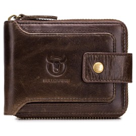 BULLCAPTAIN Men Zipper Around Wallet Genuine Leather RFID Blocking Bifold Large Capacity Coin Purse with ID Window (Brown)