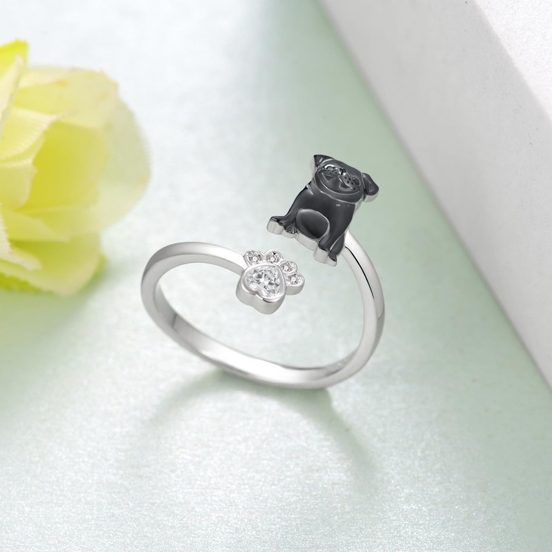 Black Pug Ring 925 Sterling Silver Pug Adjustable Ring Dog