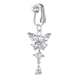 QWALIT Belly Ring Clip on Belly Button Ring Butterflies & Hearts Silver