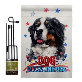 Patriotic Bernese Cattle Garden Flag Set with Stand Animals Dog Puppy Spoiled Paw Canine Fur Pet Nature Farm Animal Creature Small Decorative Gift Yard House Banner Made in USA 13 X 18.5