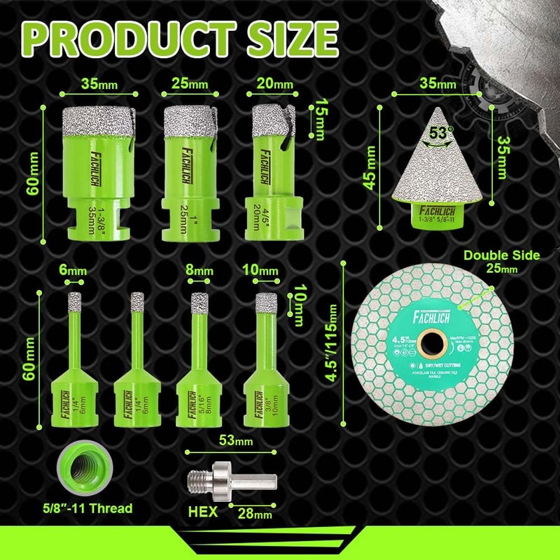 FACHLICH Tile Hole Saw Kit Diamond - (6/6/8/10/20/25/35mm Drill Bits+Chamfer