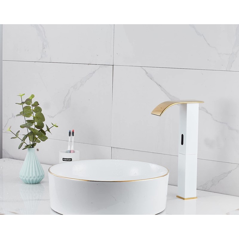 Touchless Bathroom Vessel Faucet Electronic Sensor Automatic Waterfall White Gold