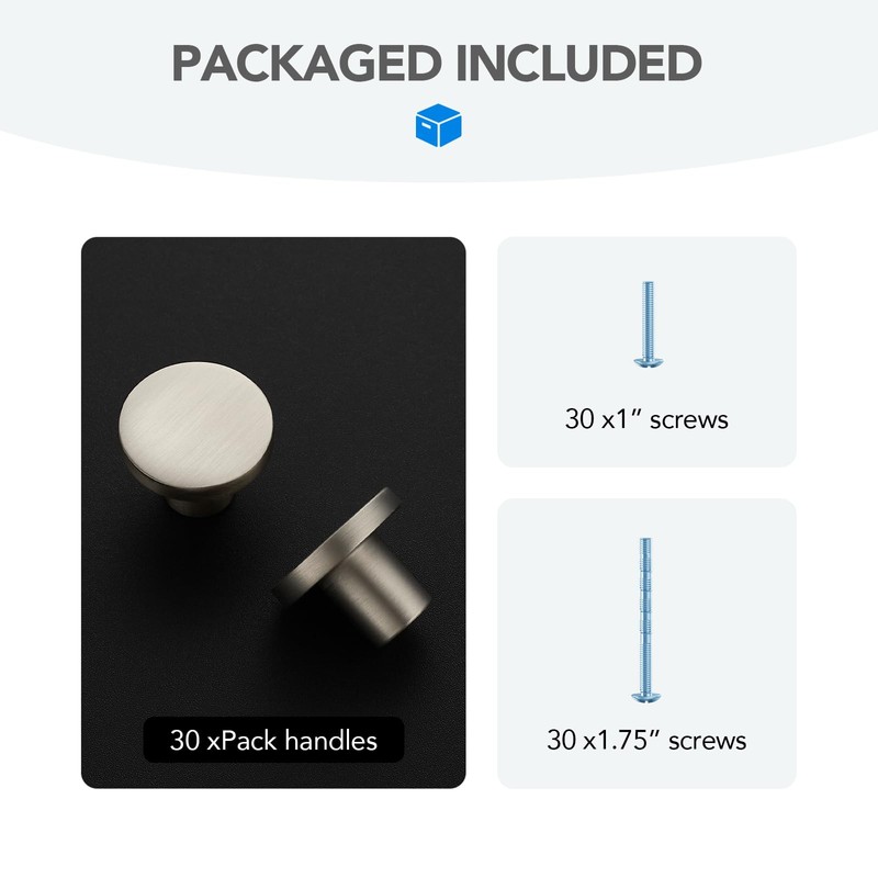 HOME EDIT 30 Pack Solid Brushed Nickel Kitchen Cabinet Knobs