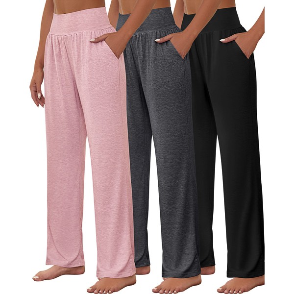 Neer 3 Pcs Women's Wide Leg Yoga Pant Comfy Loose Sweatpants High Waist Lounge Casual Athletic Pant Workout Joggers Pant (as1, Alpha, l, Regular, Regular, Black, Dark Gray, Pink)