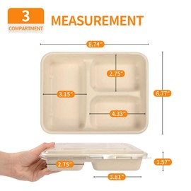 Celel 3 Compartment Paper Bowls with Lids, Disposable Bento Box with Lid Divided Disposable Lunch Tray for Restaurant, Food Court - 50 Bowls 50 Lids