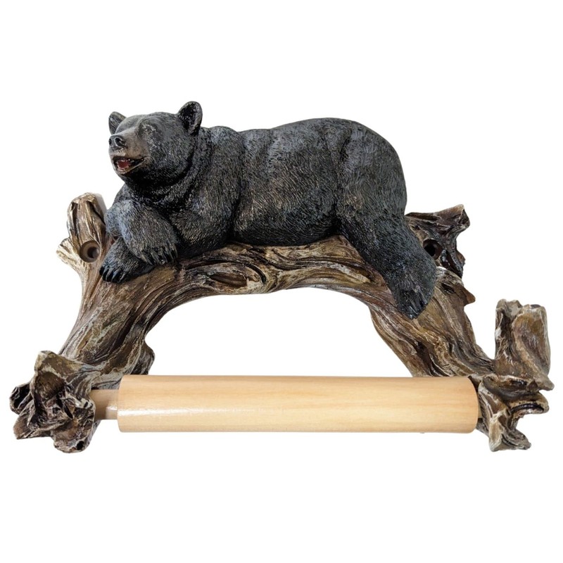 Rustic Cabin Style Black Bear on Log Toilet Paper Holder
