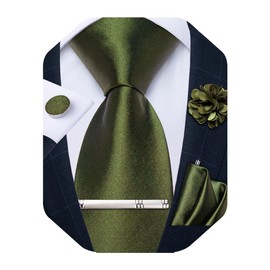 DiBanGu Mens Silk Tie and Lapel Pin Tie Clip Set Woven Necktie with Pocket Square Cufflinks for Wedding Party, Olive Green, One Size