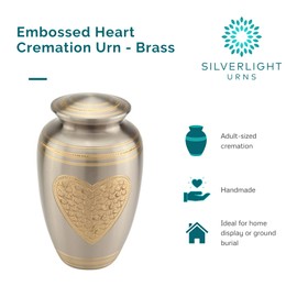 Embossed Heart Cremation Urn for Ashes, Brass, Silver Urn, Adult Sized Cremation Urn, 10 Inches High