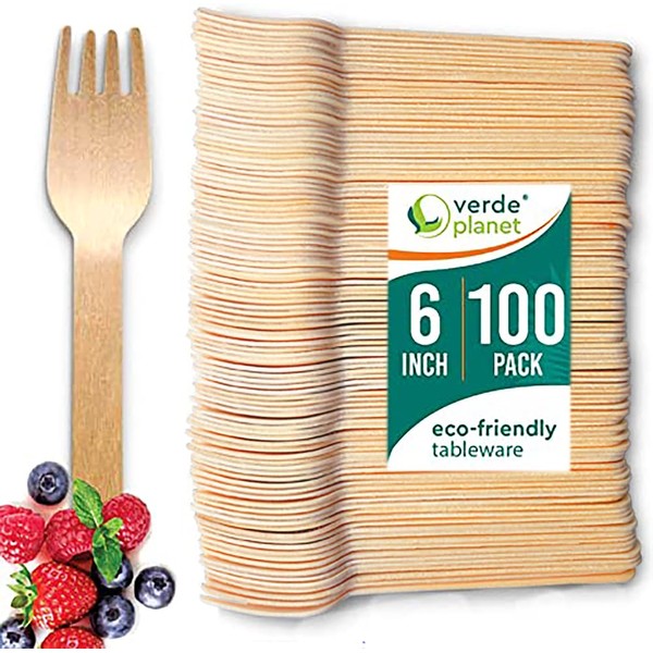 Verde Planet Heavy Duty, Disposable Wooden Forks - All-Natural, Biodegradable, Compostable, Ecofriendly, Premium Quality Forks - 6 Inches, 100 Count