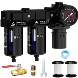 ATINY 1/2" NPT Air Compressor Water Separator, Air Pressure Regulator Combo, Air Compressor Filter Dryer,5 and 5 Micron Filter Cartridge,Semi-Auto Drain, Metal Bracket-Black